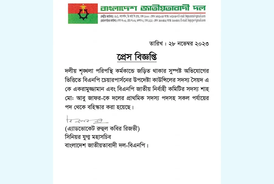 Ekramuzzaman-Shah Zafar expelled from BNP