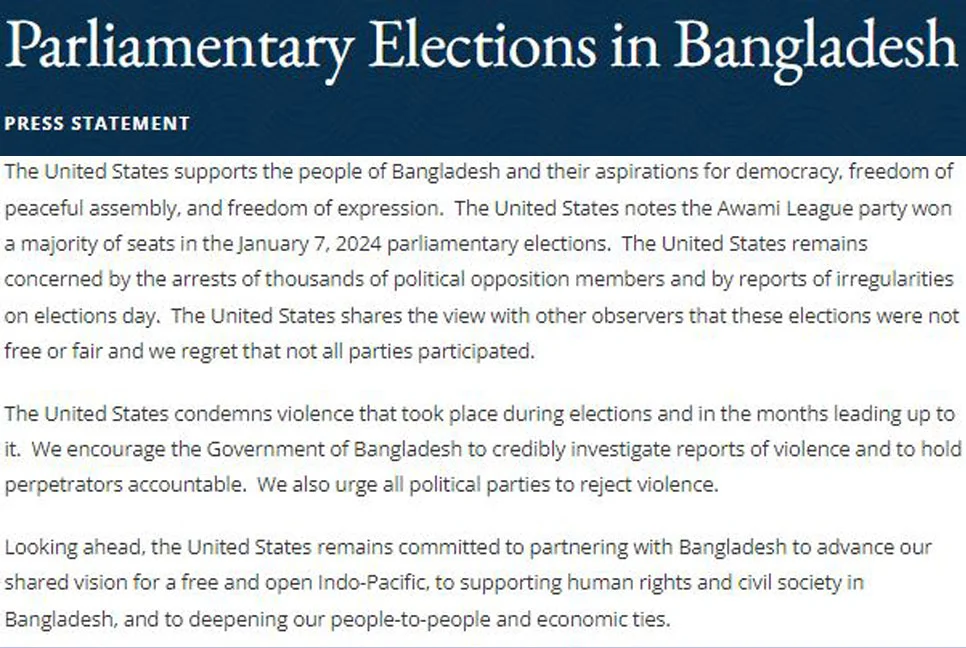 Bangladesh's January 7 election was unfair: US